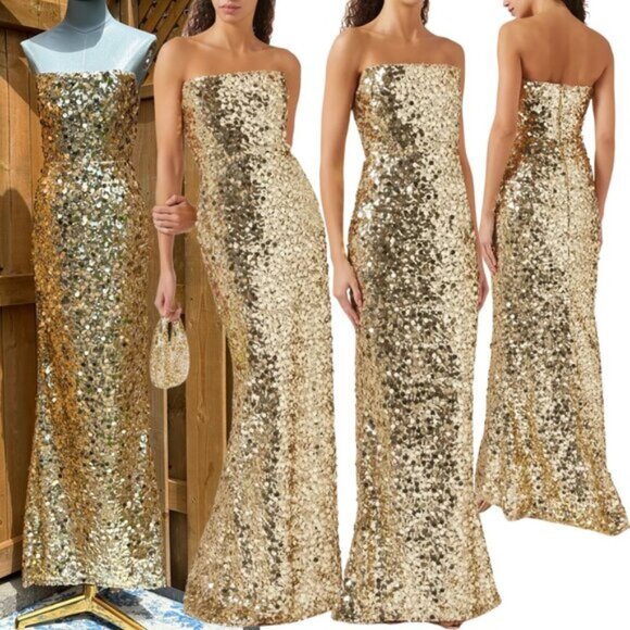 🆕 BRONX & BANCO 🧿 NWOT Farah Strapless Sequins Gown, Gold, Sz XS US 2 - Picture 1 of 14